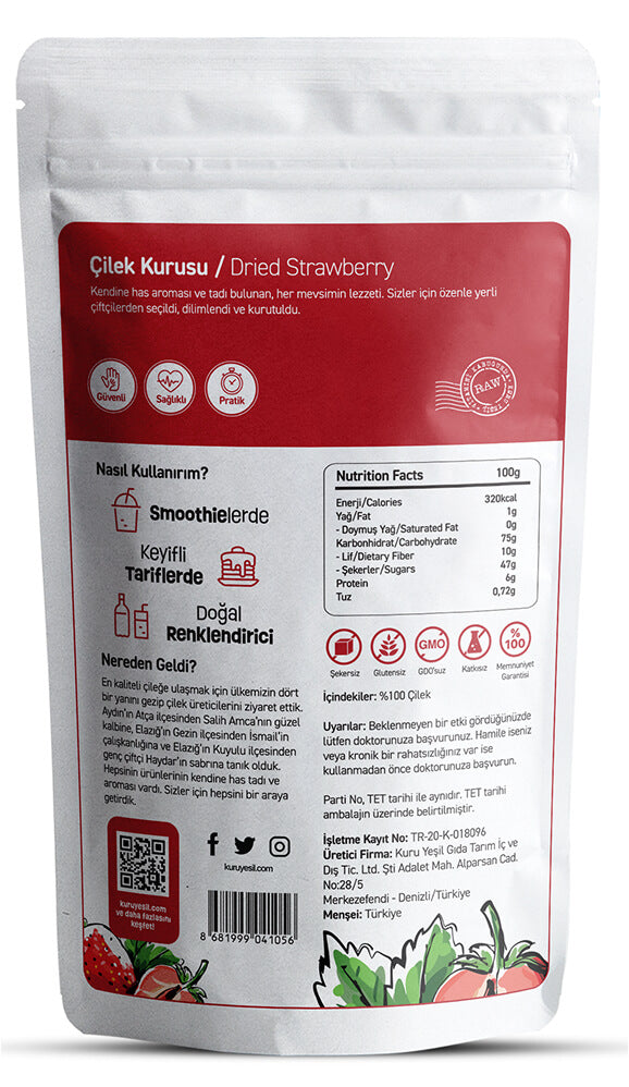 Natural Dried Strawberry 3x50 gr | Sugar-free and Additive-free Dried Fruit