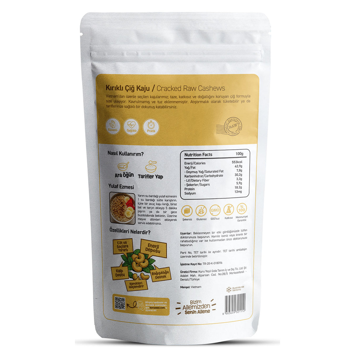 Çiğ Kaju – İri Tane Tuzsuz Katkısız Doğal Kuruyemiş 250 gr | Kuru Yeşil