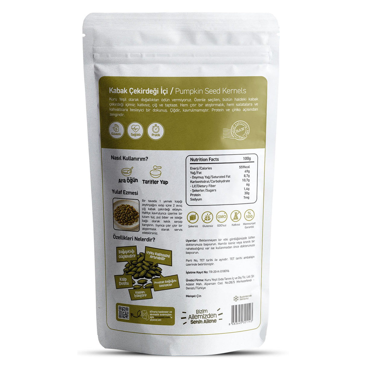 Kabak Çekirdeği İçi – Çiğ Tuzsuz Katkısız Doğal Protein Kaynağı 250 gr | Kuru Yeşil