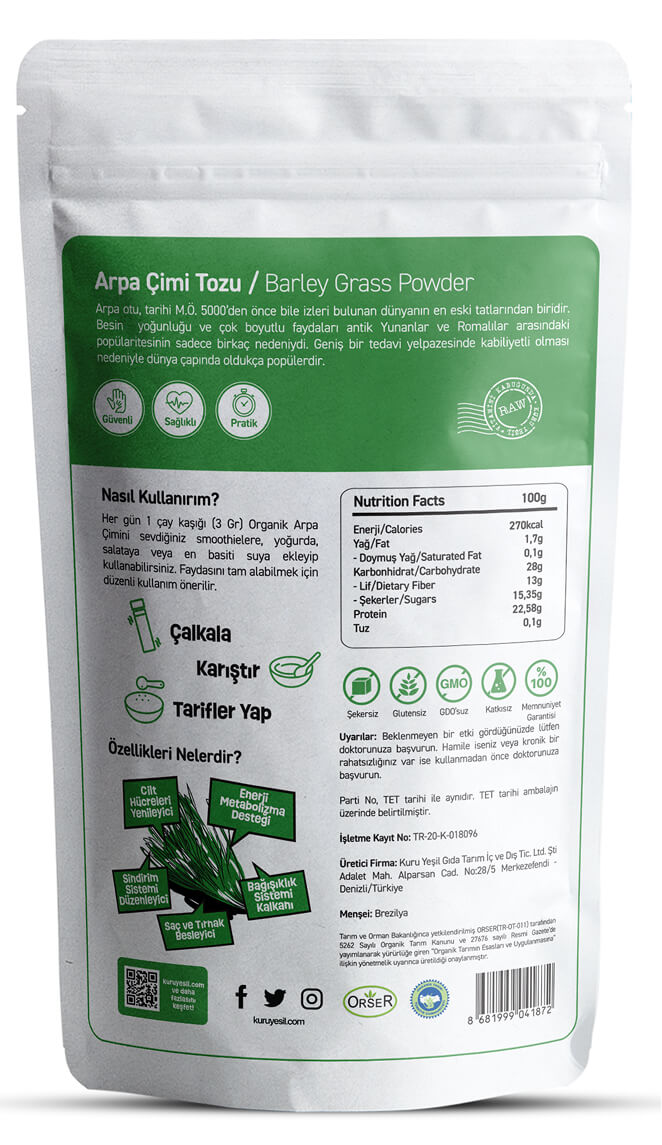 Kuru Yeşil Arpa Çimi (Arpa Otu) Tozu 50 gr - Barley Grass Powder