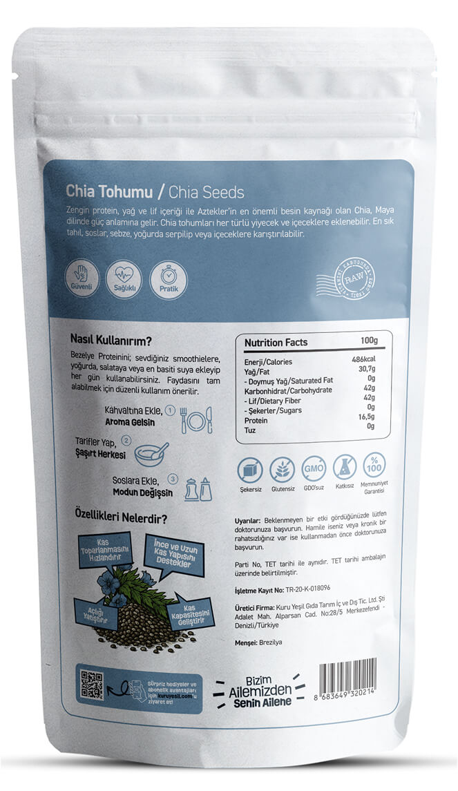 Chia Tohumu – Çiya Tohumu | Organik Doğal Süper Gıda 150 gr | Kuru Yeşil