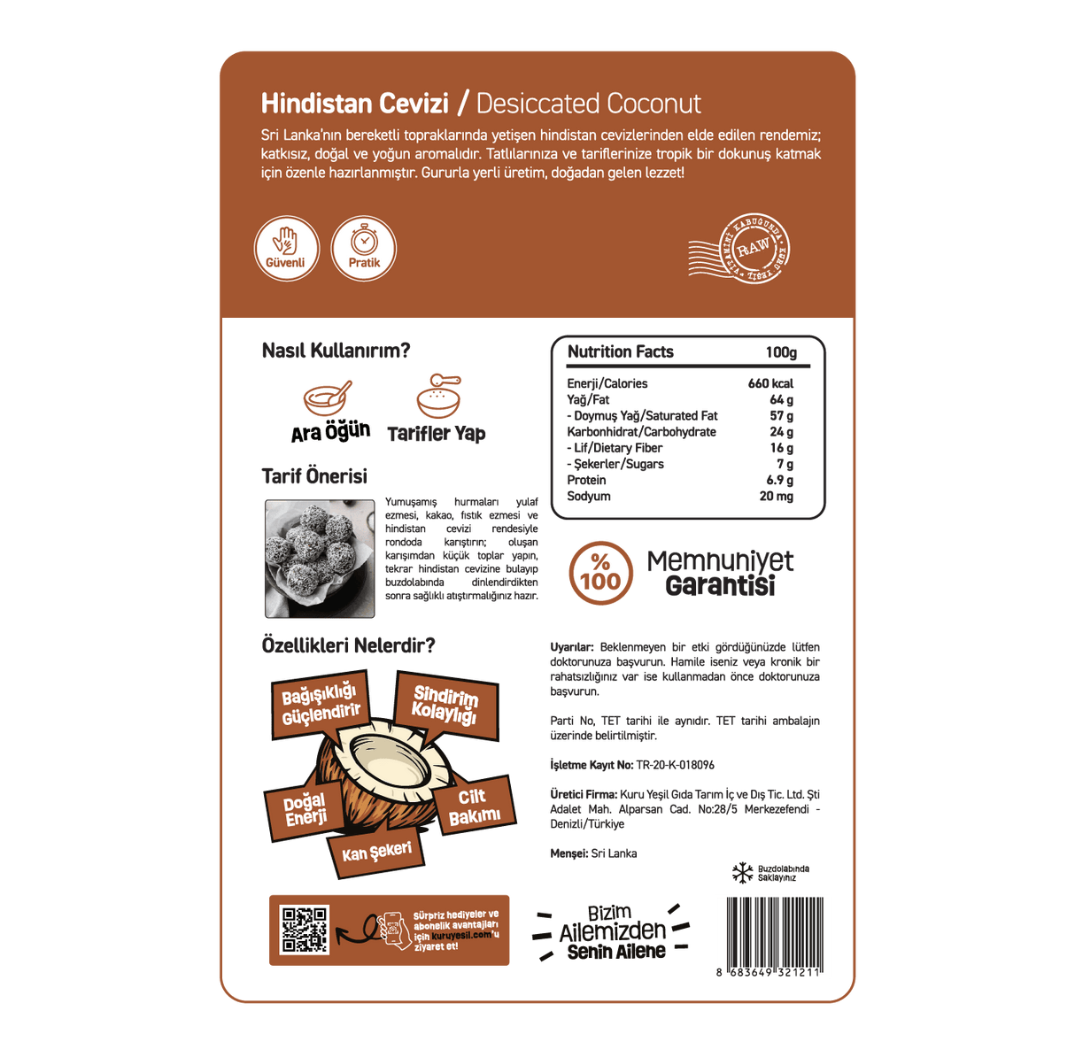 Hindistan Cevizi Rendesi 100 gr – Orta Kıyım | Seylan Menşeli | Katkısız Doğal | Kuru Yeşil | %35-45 Yağlı