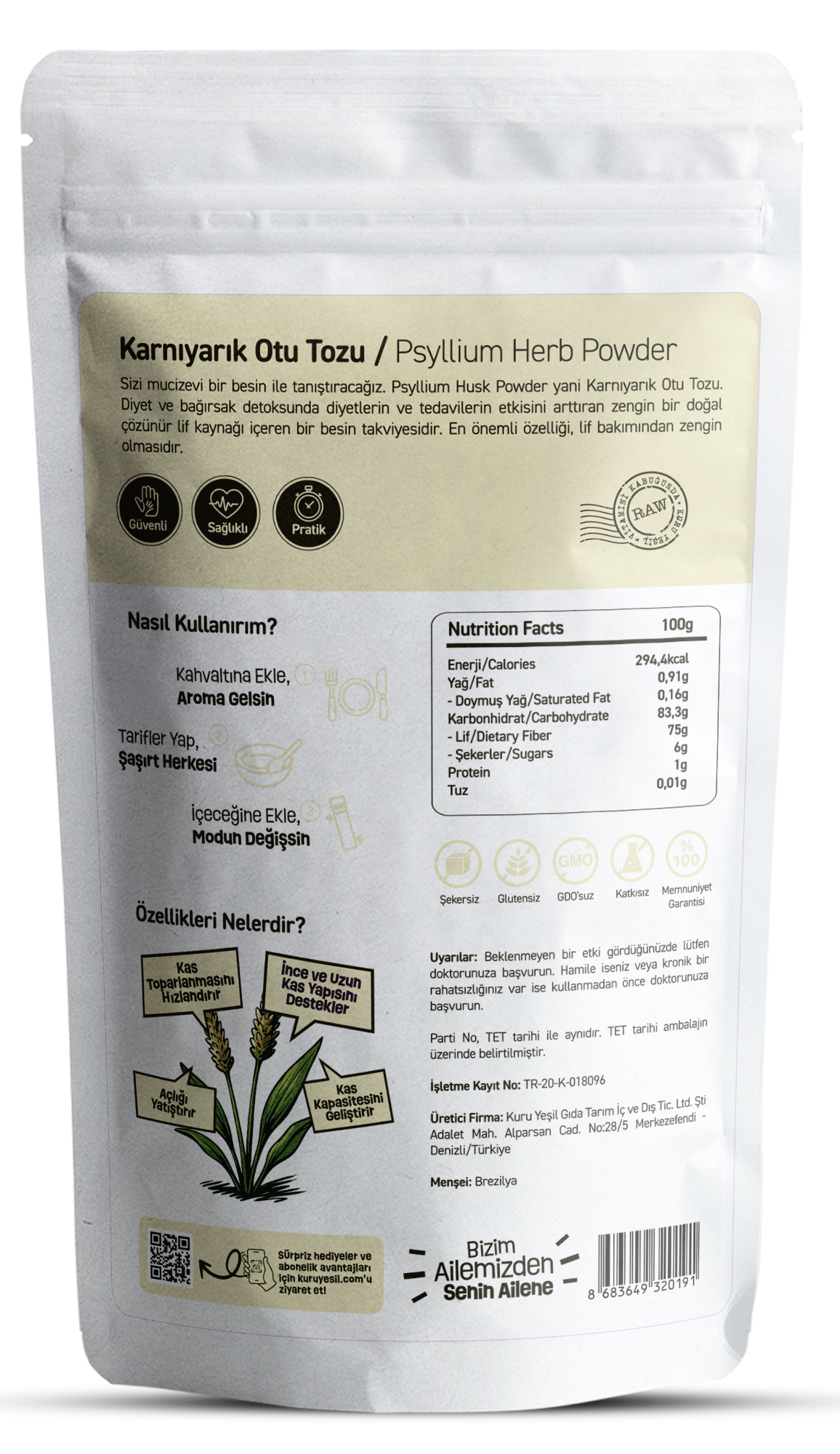 Karnıyarık Otu Tozu (Psyllium) – 200 gr Doğal Lif Kaynağı | Glutensiz | Kuru Yeşil