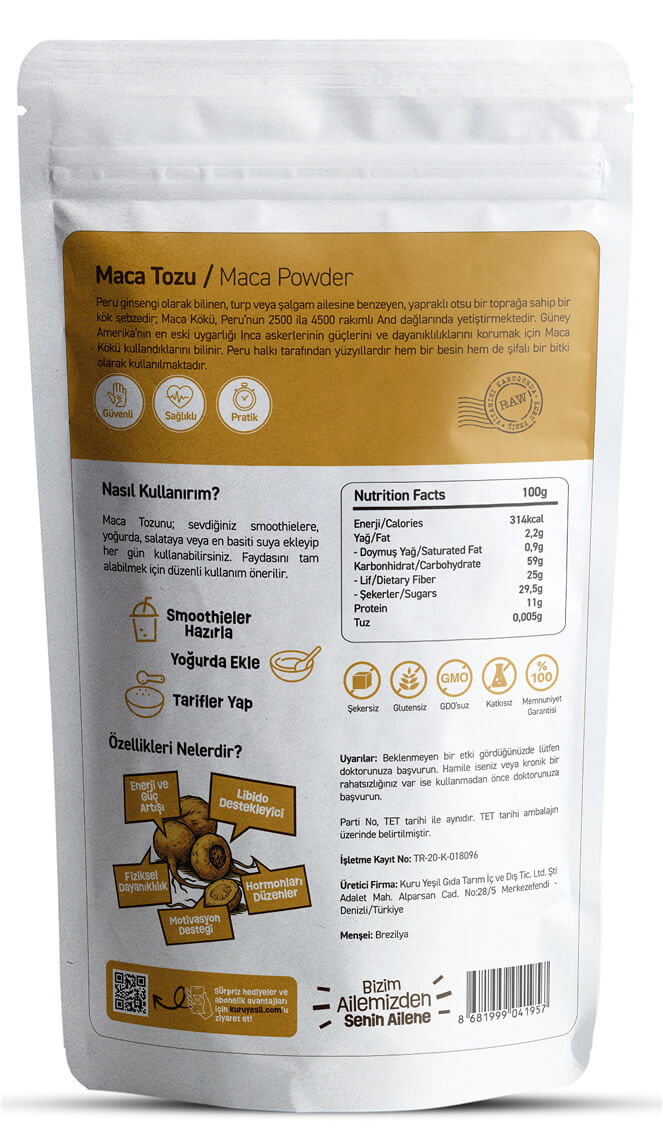 Kuru Yeşil Organik Maca Tozu (Maka Tozu) 100 GR - Organic Maca Powder