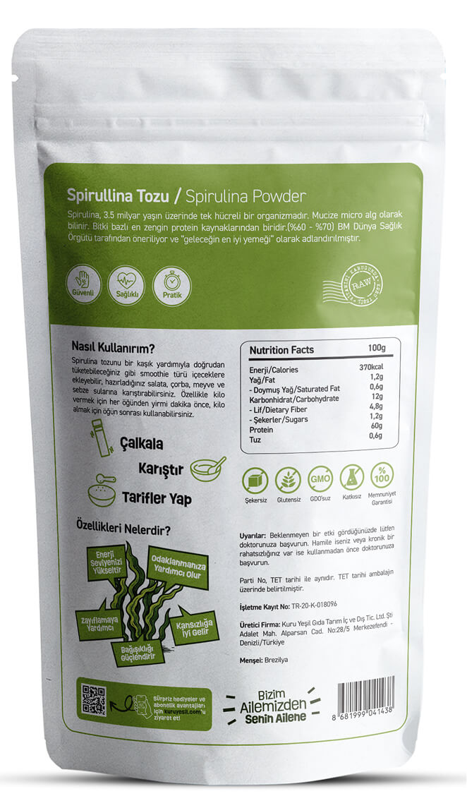 Kuru Yeşil Organik Spirulina Tozu 100 GR | Yeşil Yosun