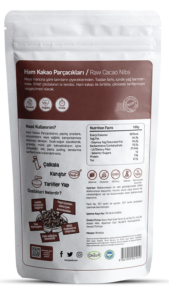 Ham Kakao Parçacığı (Cacao Nibs) 150 gr – Katkısız ve Doğal | Yüksek Antioksidan | Kuru Yeşil