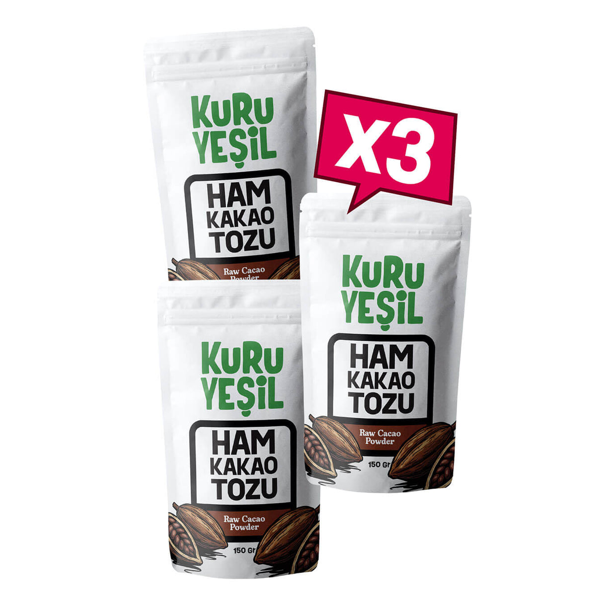 Ham Kakao Tozu – Katkısız Doğal Saf Bitter Kakao 3x150 gr | Kuru Yeşil