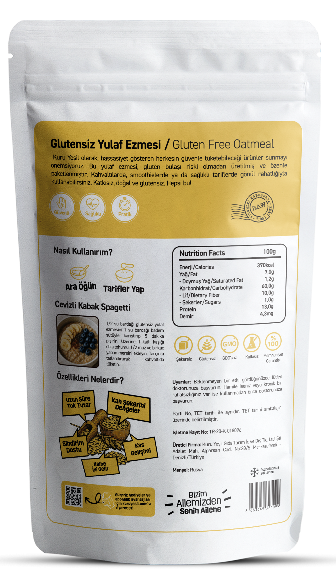 Glutensiz Yulaf Ezmesi 1 Kg – Doğal ve Katkısız | Kahvaltılık Lif Kaynağı | Kuru Yeşil