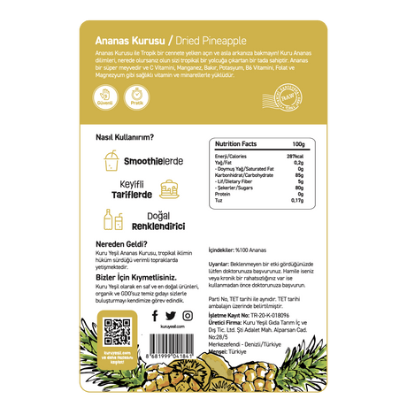 Getrocknete grüne Ananas 70 GR | Ohne Zuckerzusatz 