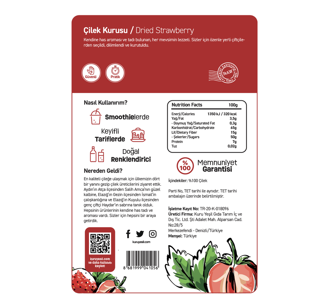 Natural Dried Strawberry 50 gr | Sugar-free and Additive-free Dried Fruit