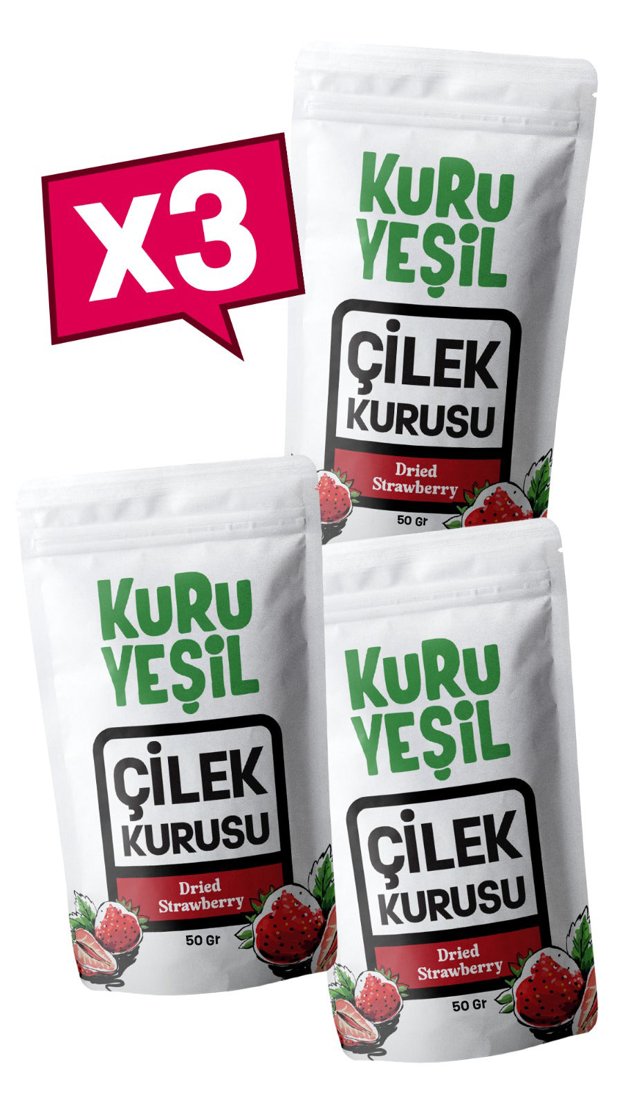 Natural Dried Strawberry 3x50 gr | Sugar-free and Additive-free Dried Fruit