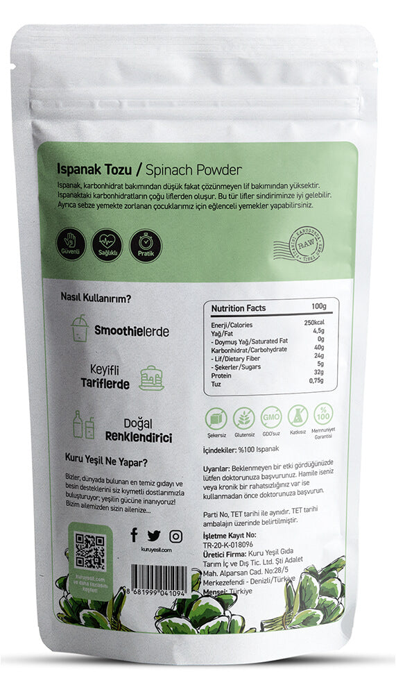 Spinatpulver 100 gr - Gemüsepulver, Lokales Produkt, Vegan, Glutenfrei