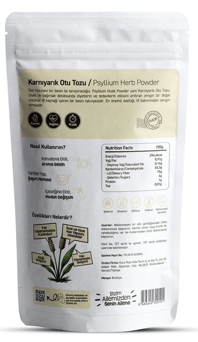 Organik Karnıyarık Otu (Psyllium) Tozu 100 gr, Glutensiz