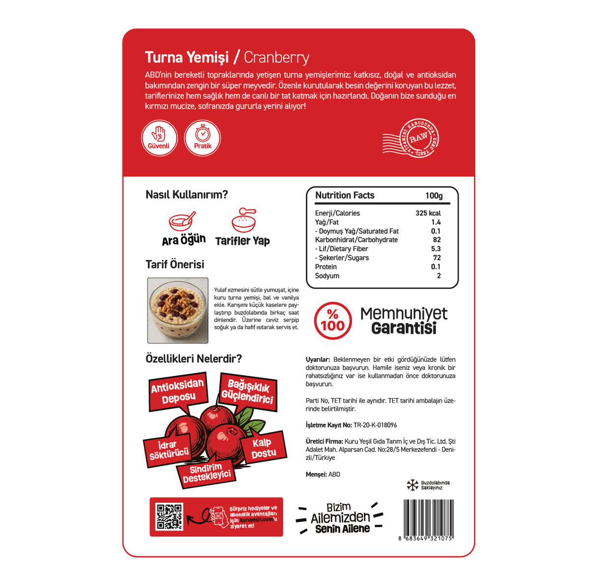 Turna Yemişi (Dried Cranberry) 300 gr – Katkısız ve Elma Sulu | Doğal Kuru Meyve | Kuru Yeşil