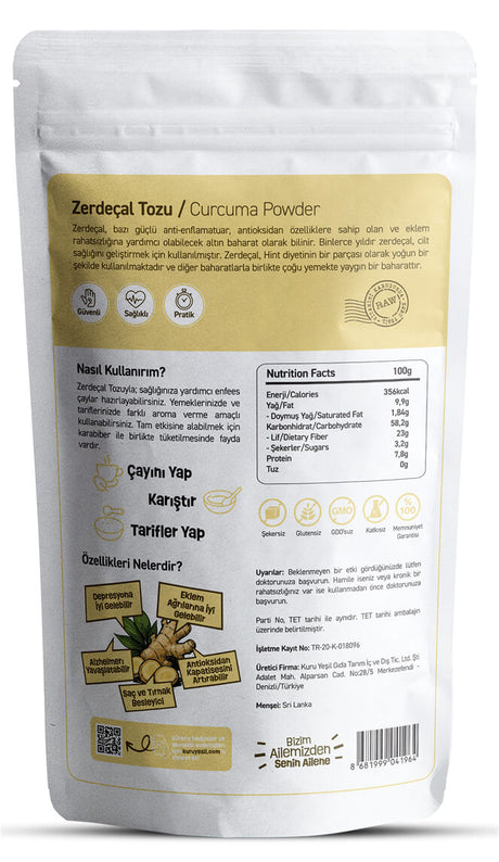 Kuru Yeşil Organik Zerdeçal Tozu 50 Gr | Altın Süt | Toz Zerdeçal